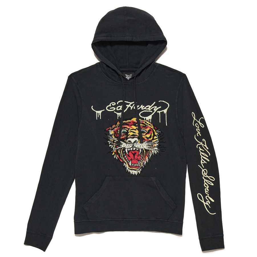 Men Ed Hardy | Rhinestone Tiger Hoodie Faded Black