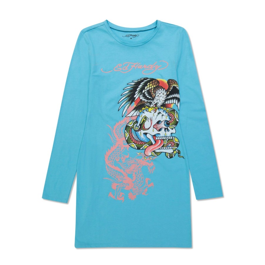 Women Ed Hardy | Battle Skull Baby Tee Long Sleeve Dress Aqua