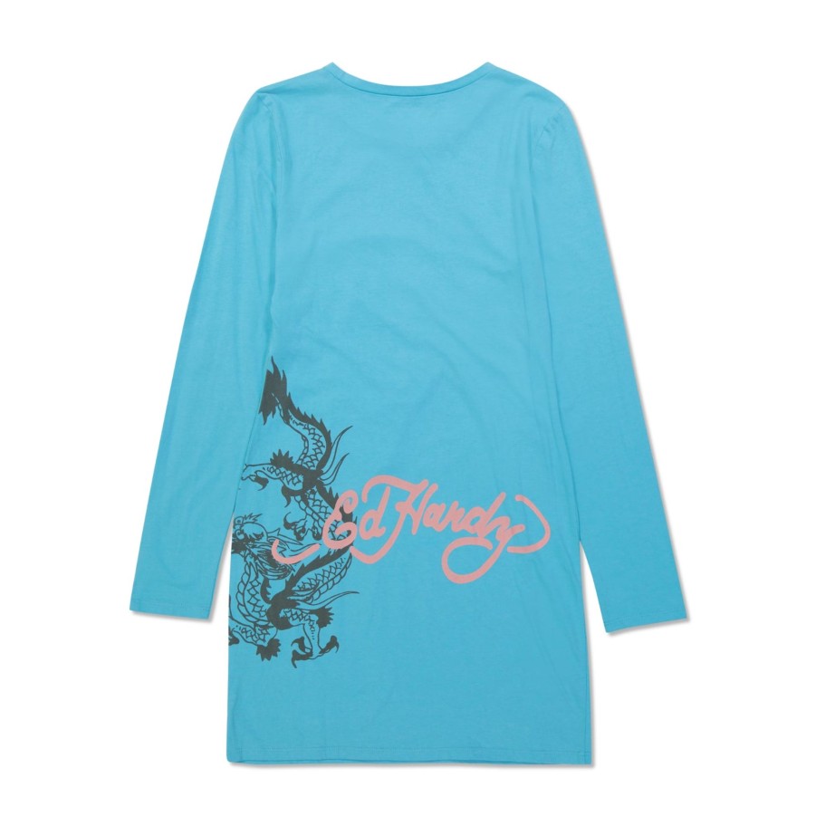 Women Ed Hardy | Battle Skull Baby Tee Long Sleeve Dress Aqua