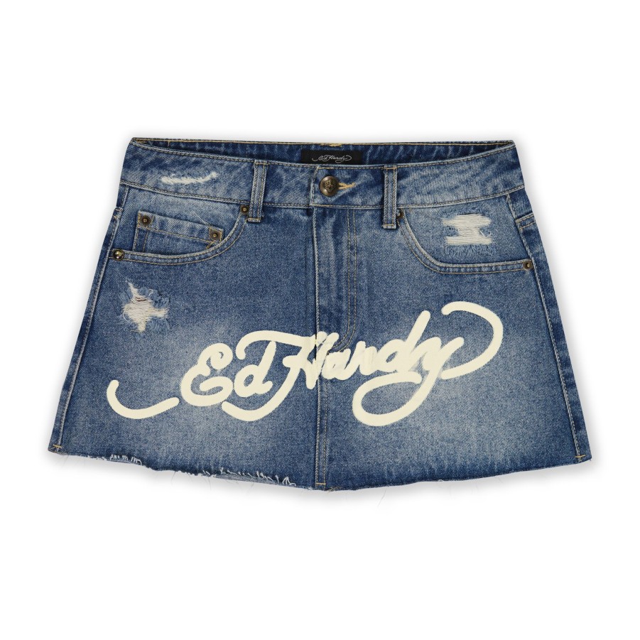 Women Ed Hardy | Multi Tattoo Denim Mini Skirt Med Wash