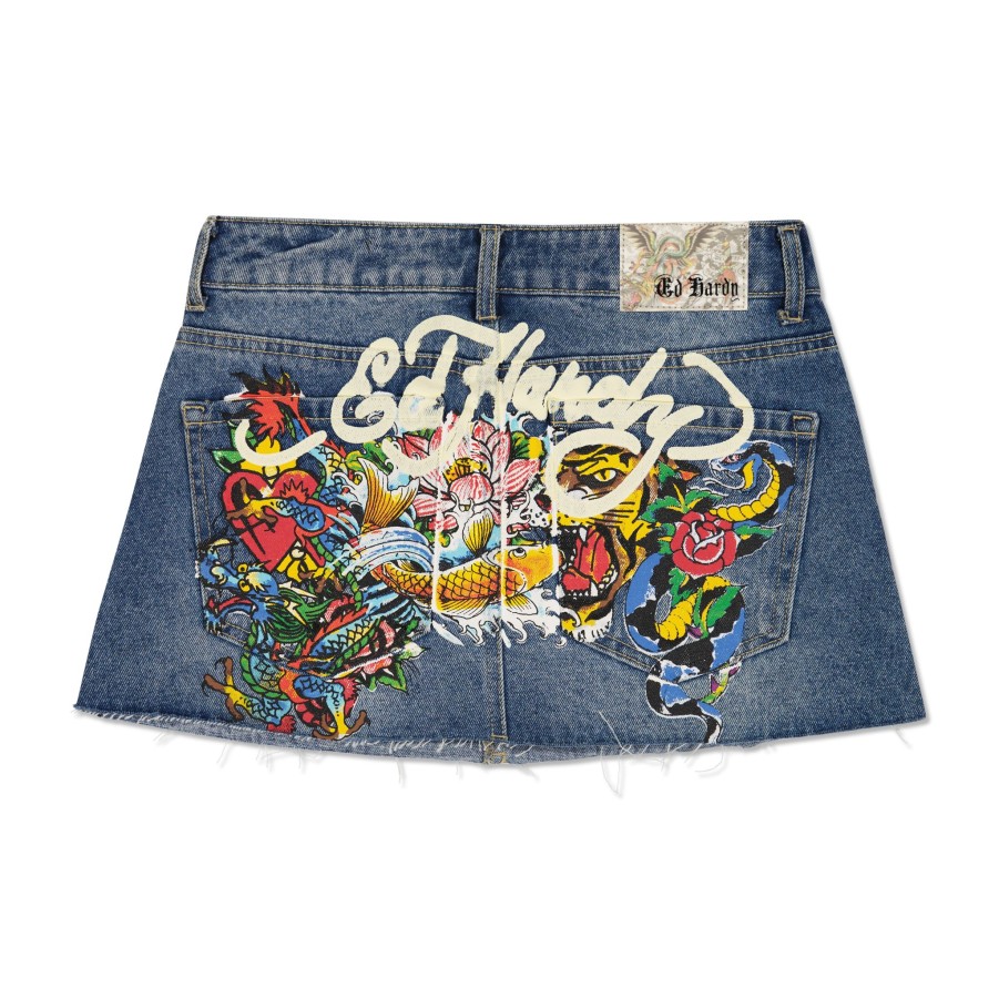 Women Ed Hardy | Multi Tattoo Denim Mini Skirt Med Wash