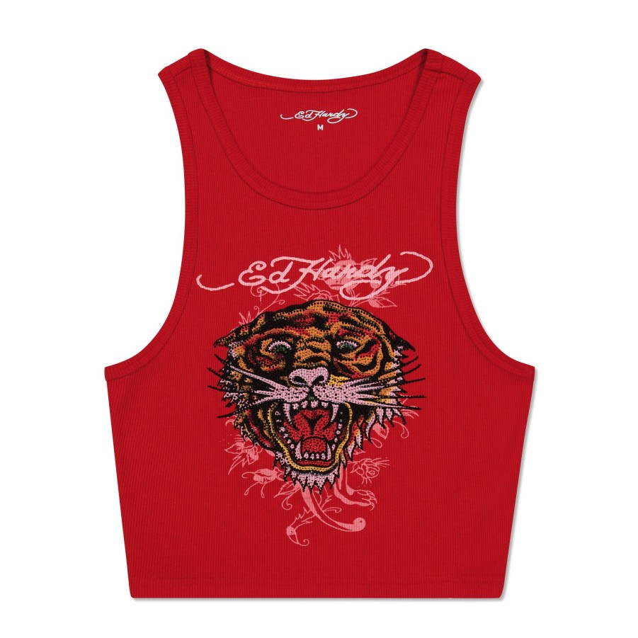 Women Ed Hardy | Rhinestone Tiger Rib Knit Tank Red