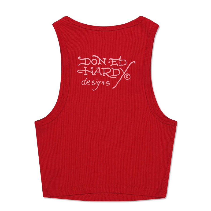 Women Ed Hardy | Rhinestone Tiger Rib Knit Tank Red