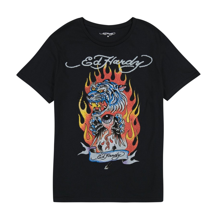 Men Ed Hardy | Rhinestone Fire Tiger Tee Faded Black