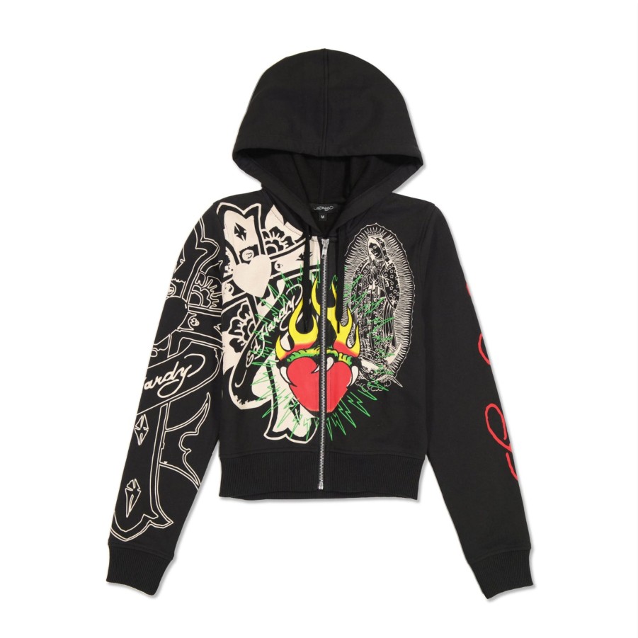 Women Ed Hardy | Sacred Heart Cropped Zip Fleece Hoodie Black