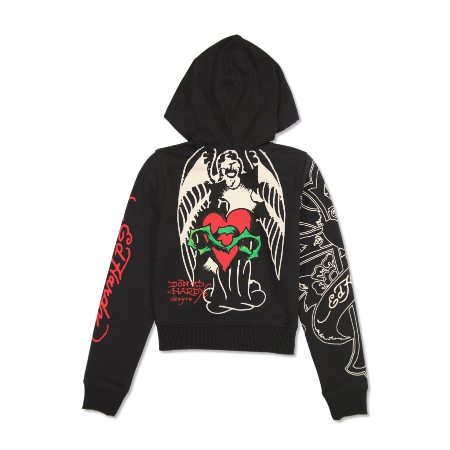 Women Ed Hardy | Sacred Heart Cropped Zip Fleece Hoodie Black