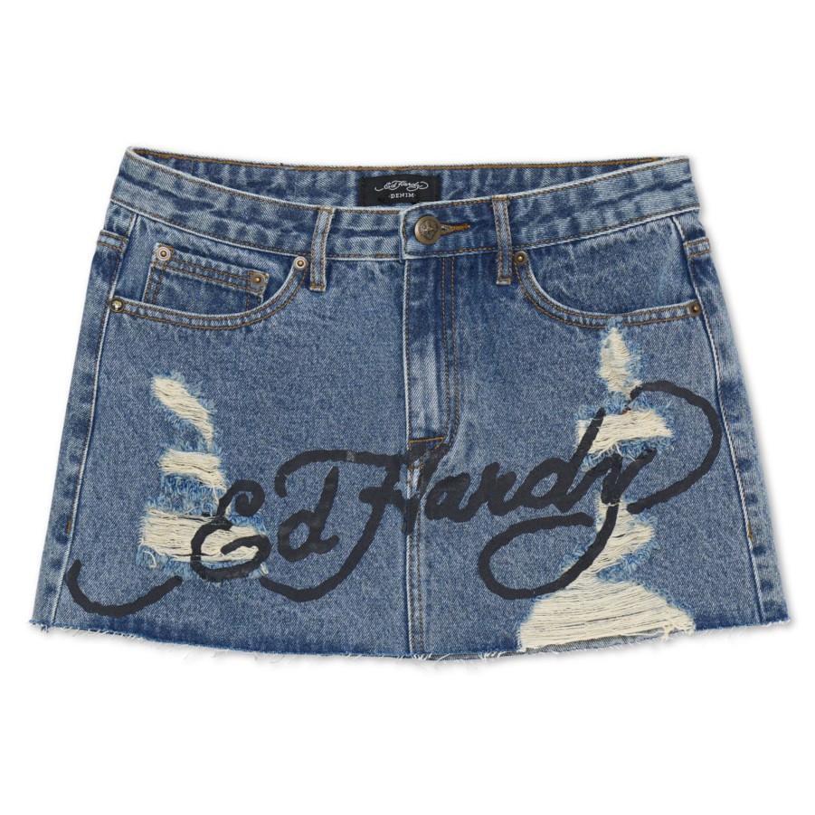 Women Ed Hardy | Screaming Tiger Embroidery Denim Skirt Light Acid