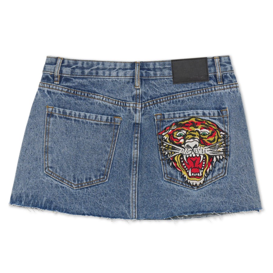 Women Ed Hardy | Screaming Tiger Embroidery Denim Skirt Light Acid