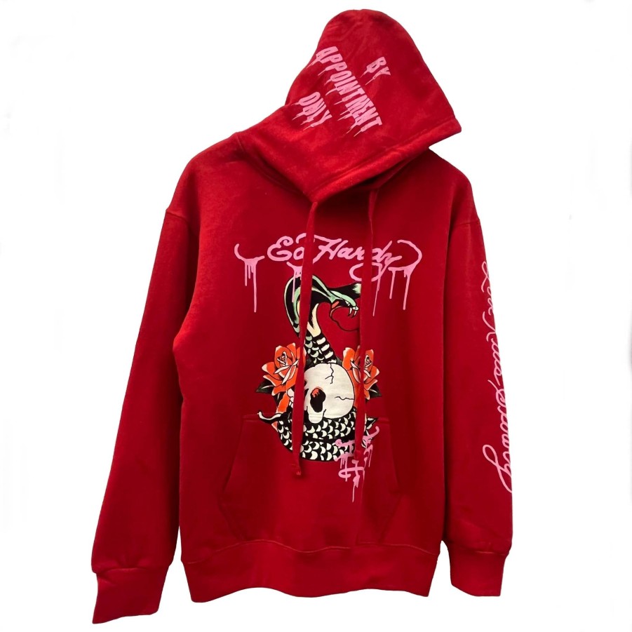 Men Ed Hardy | Ed Hardy Rose Cobra Hoodie Red