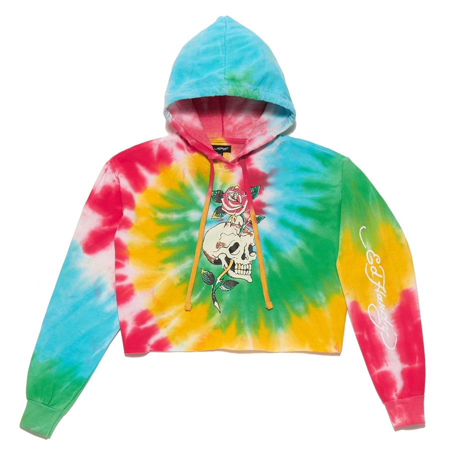 Women Ed Hardy | Womens "Rose Skull" Cropped Fleece Hoodie Rainbow