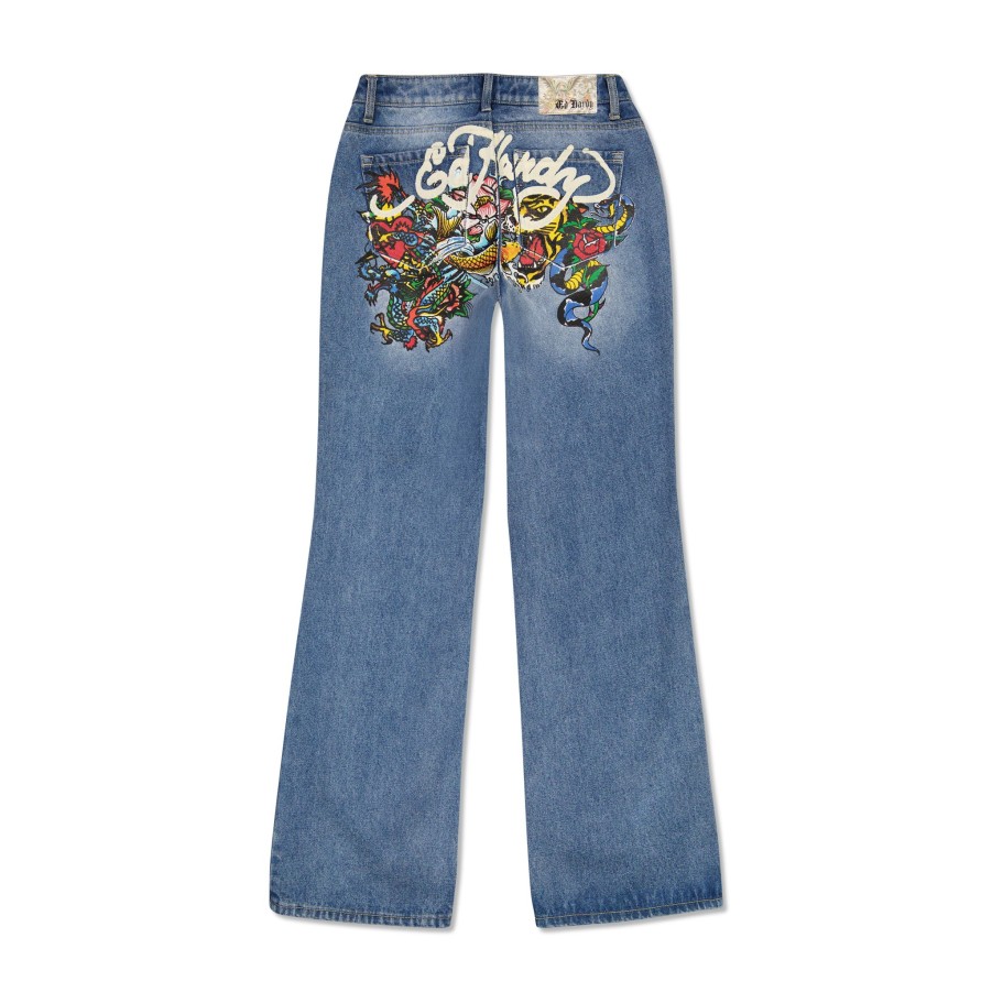 Women Ed Hardy | Multi Tattoo Low Waist Baggy Jean Light Wash