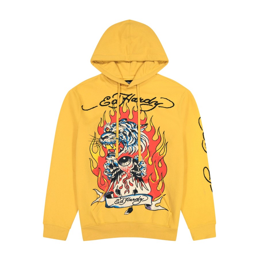 Men Ed Hardy | Fire Tiger Golden Pullover Hoodie Yellow