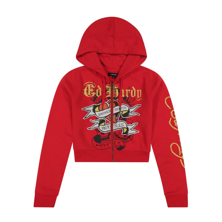 Women Ed Hardy | Broken Hearts Zip Front Cropped Hoodie Cherry