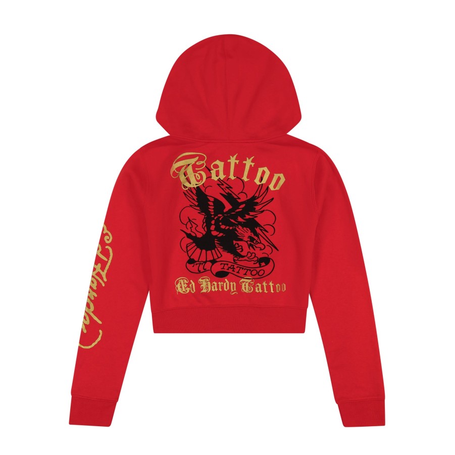 Women Ed Hardy | Broken Hearts Zip Front Cropped Hoodie Cherry