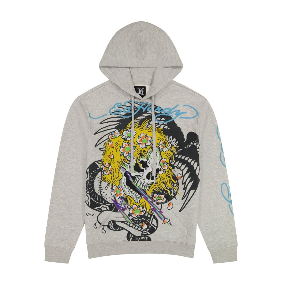 Men Ed Hardy | Yellow Hair Skull Pullover Hoodie Heather Grey