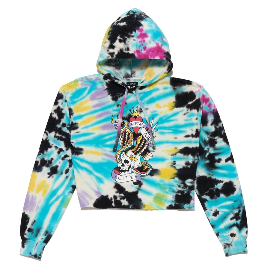 Women Ed Hardy | Womens "Nyc Skull" Cropped Fleece Hoodie Multi