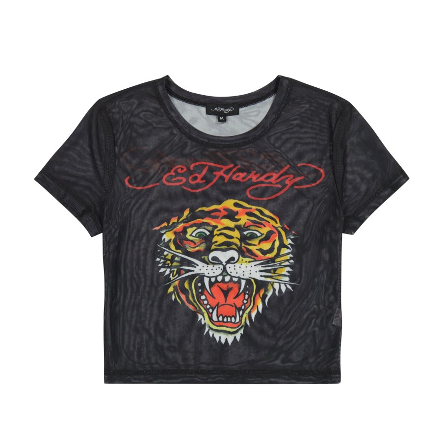 Women Ed Hardy | Mesh Tiger Head Baby Tee Black