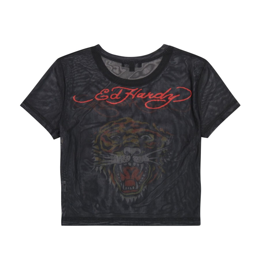 Women Ed Hardy | Mesh Tiger Head Baby Tee Black