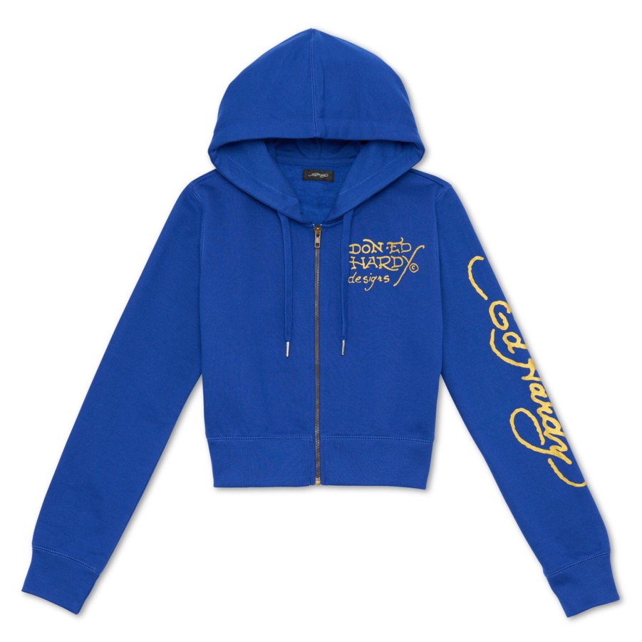 Women Ed Hardy | Tiger Lotus Cropped Hoodie Cobalt