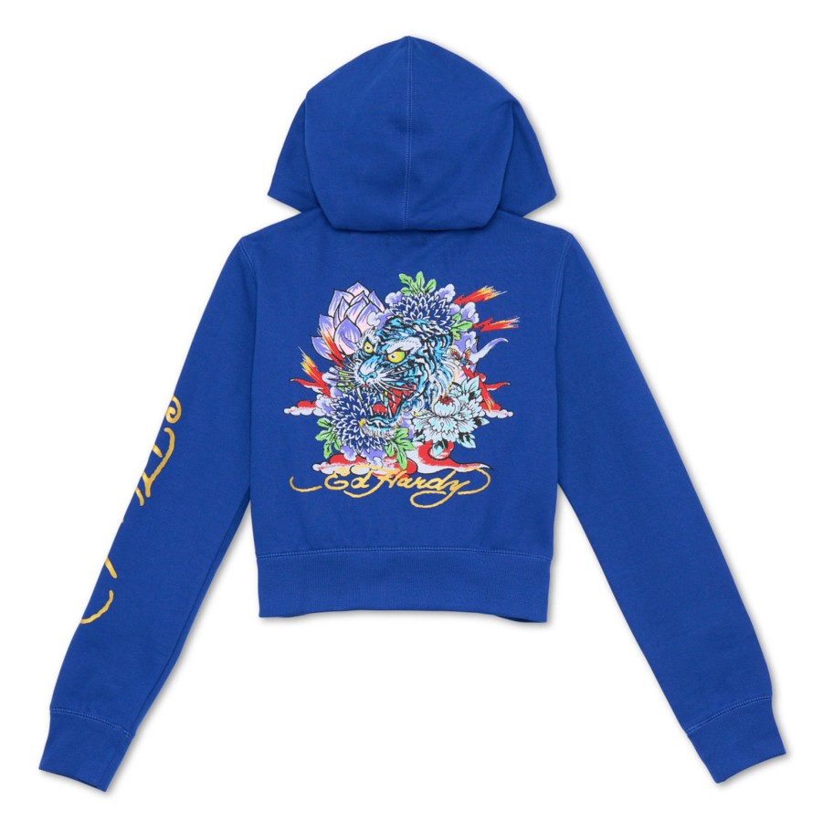 Women Ed Hardy | Tiger Lotus Cropped Hoodie Cobalt