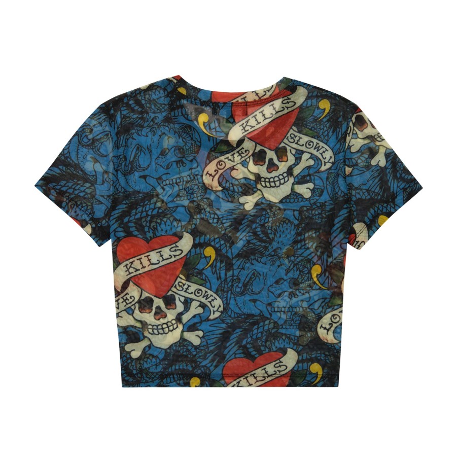 Women Ed Hardy | Mesh Layered Lks Skull Baby Tee Jewel Blue