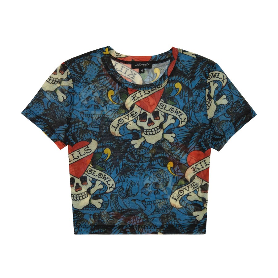 Women Ed Hardy | Mesh Layered Lks Skull Baby Tee Jewel Blue