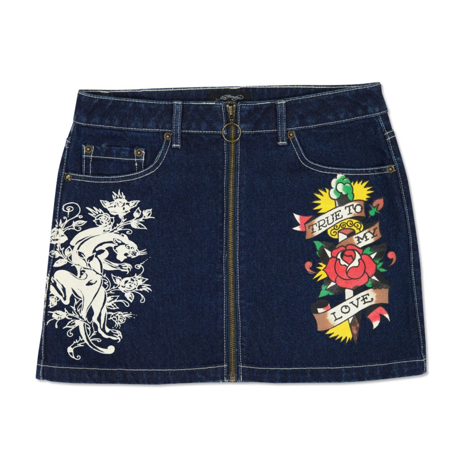 Women Ed Hardy | Panther Zipper Front Mini Denim Skirt Indigo Wash