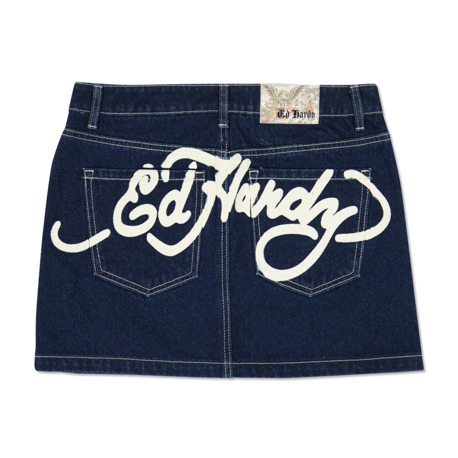 Women Ed Hardy | Panther Zipper Front Mini Denim Skirt Indigo Wash