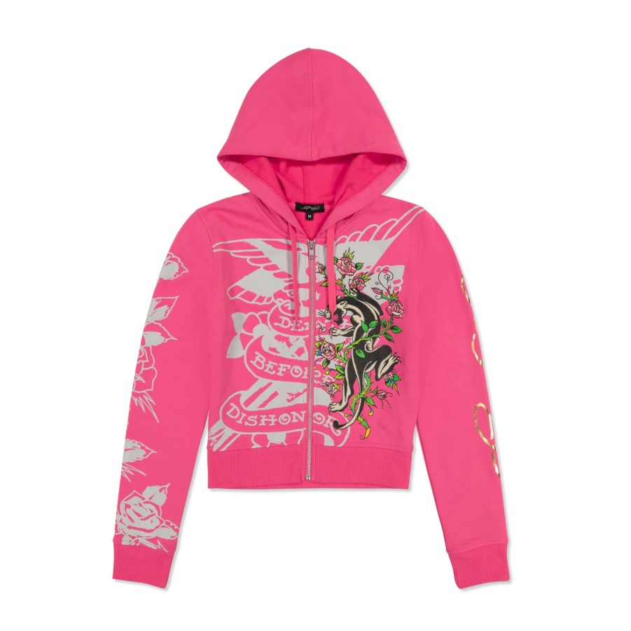 Women Ed Hardy | Tiger Crown Zip Fleece Hoodie Hot Pink