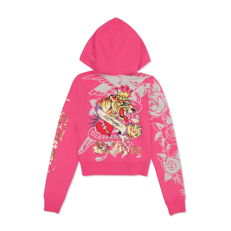 Women Ed Hardy | Tiger Crown Zip Fleece Hoodie Hot Pink