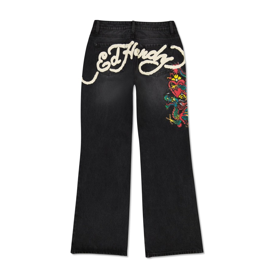 Women Ed Hardy | Dragon Low Waist Baggy Jean Black