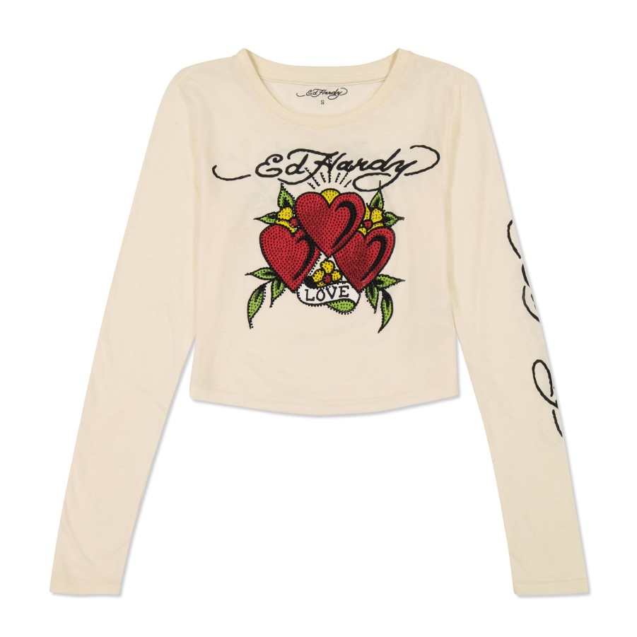 Women Ed Hardy | Rhinestone Hearts Long Sleeve Baby Tee Ivory