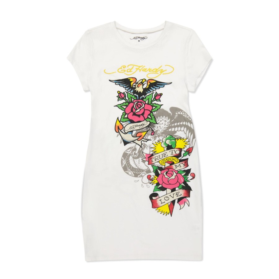 Women Ed Hardy | Rose Baby Tee Short Sleeve Dress White