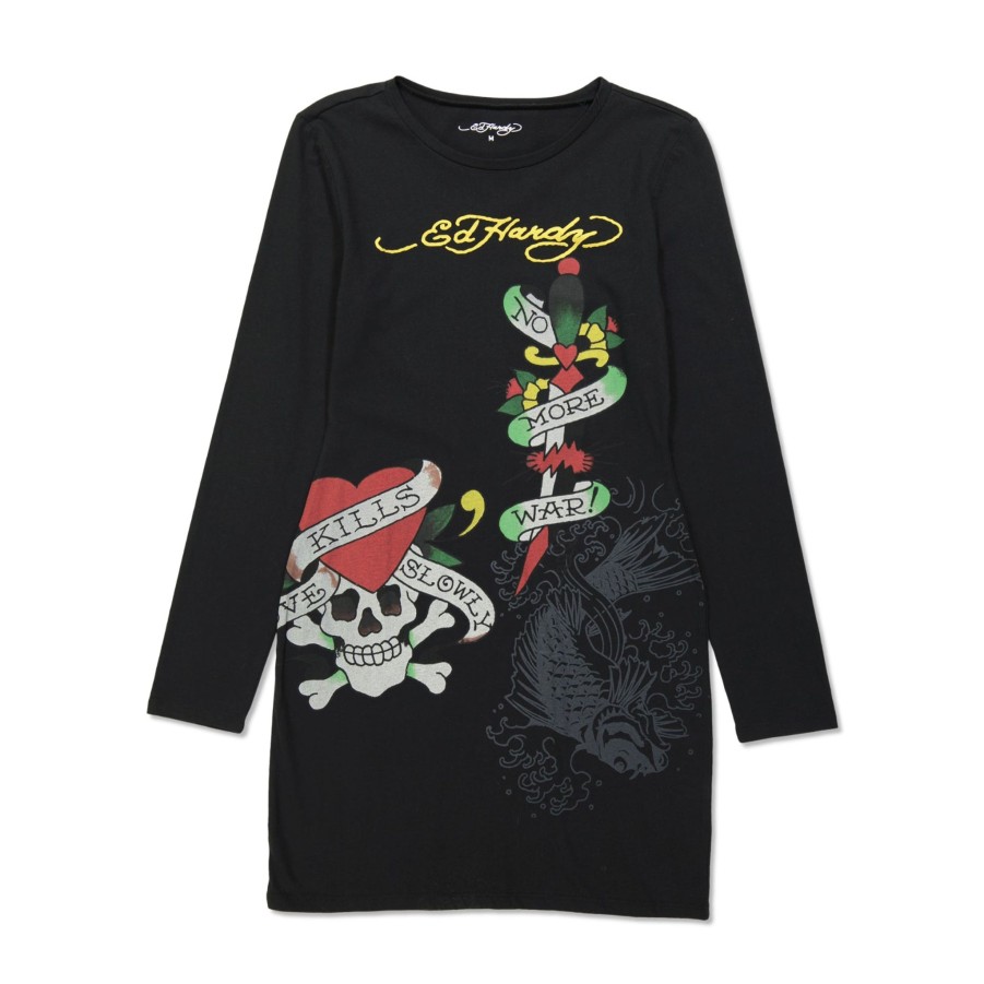 Women Ed Hardy | Lks Skull Baby Tee Long Sleeve Dress Black