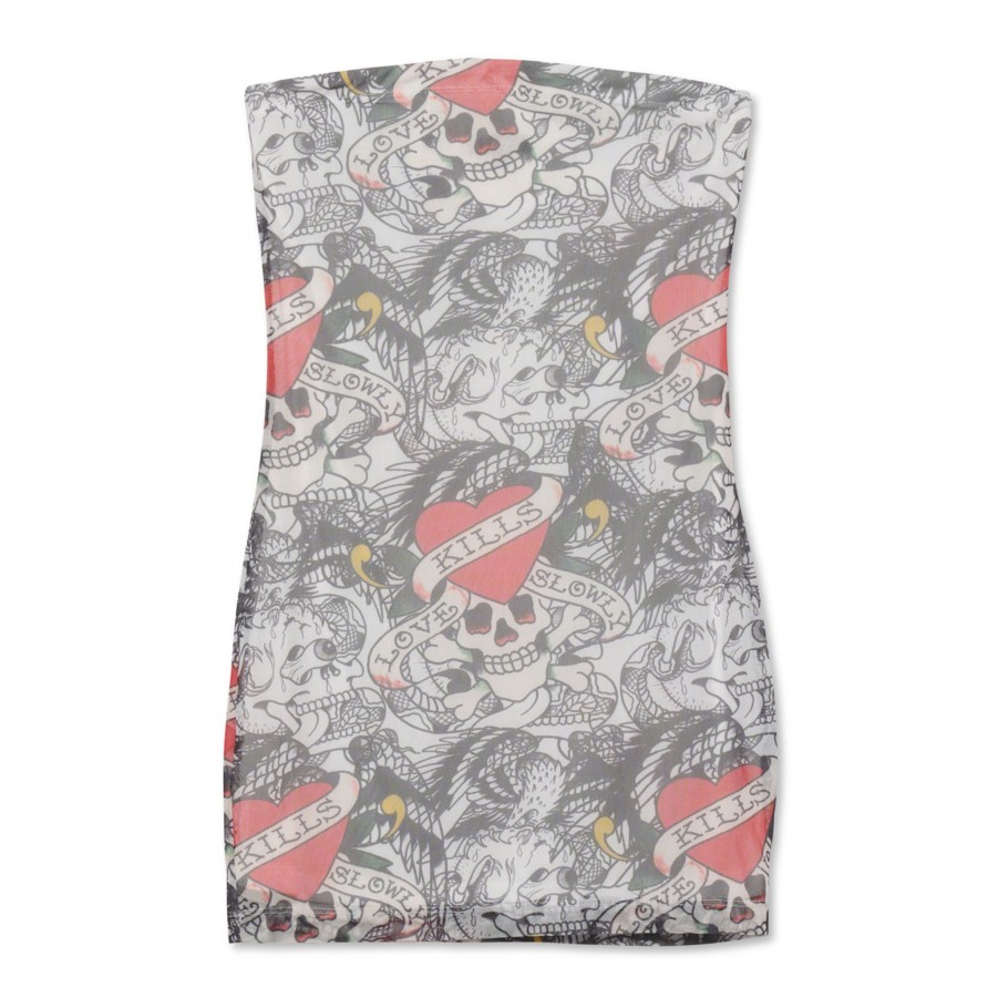 Women Ed Hardy | Power Mesh Lks Skull Tube Dress White