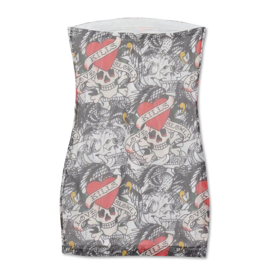 Women Ed Hardy | Power Mesh Lks Skull Tube Dress White