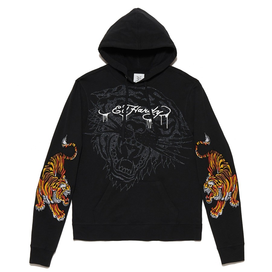 Men Ed Hardy | Embroidered Tigers Hoodie Jet Black