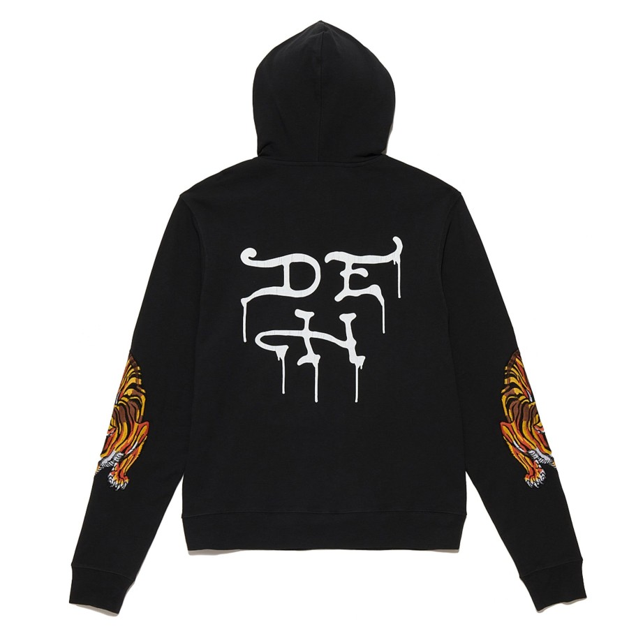 Men Ed Hardy | Embroidered Tigers Hoodie Jet Black