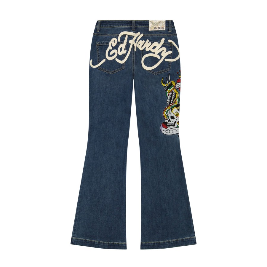 Women Ed Hardy | Nyc Eagle Slim Flare Jean Med Vintage