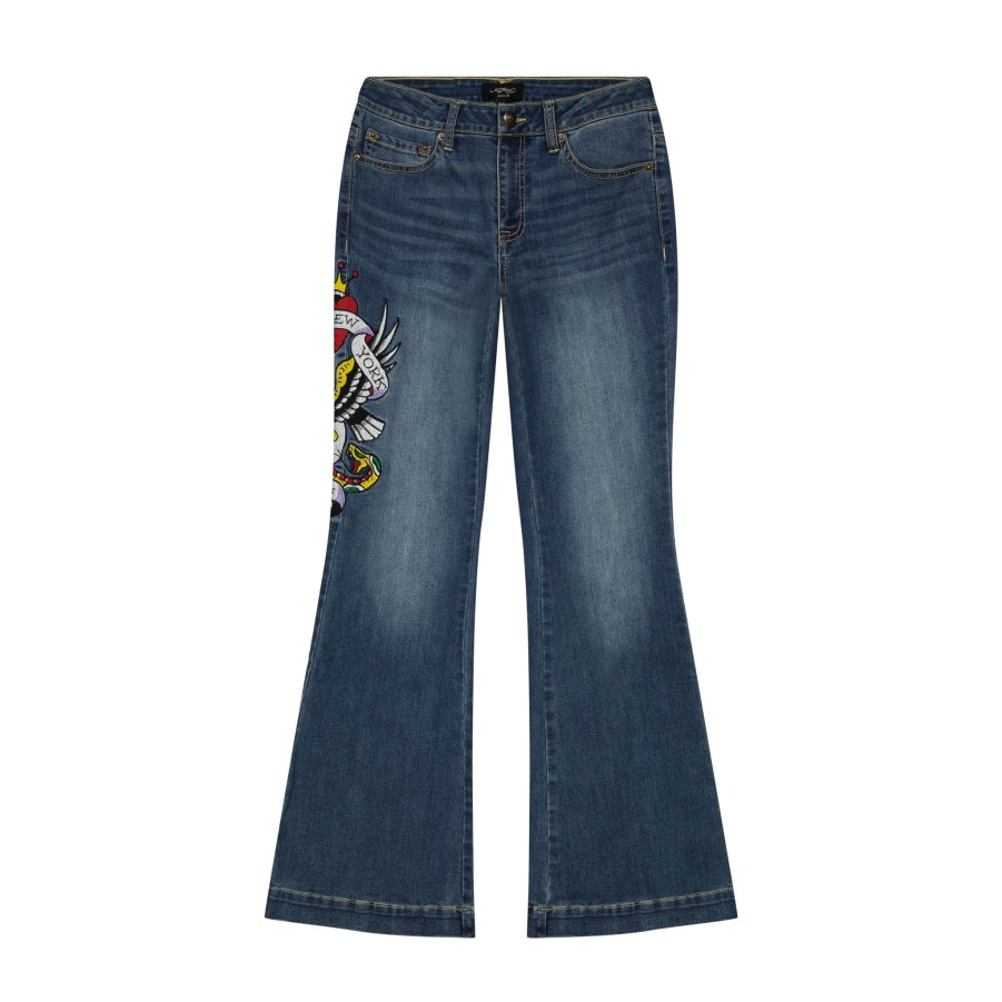 Women Ed Hardy | Nyc Eagle Slim Flare Jean Med Vintage