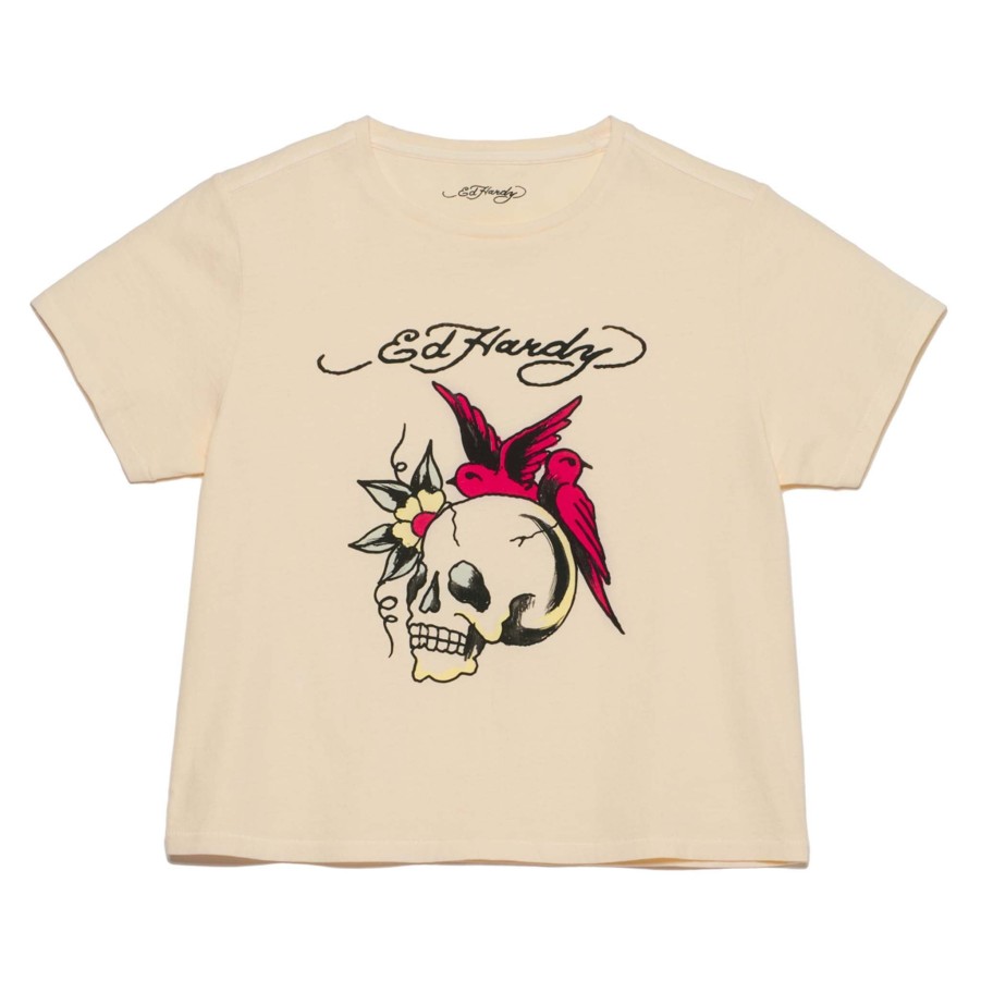 Baby Ed Hardy | Womens "Swiftlet Skull" Cropped Tee Ecru Mineral